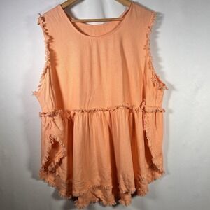 Linen Blend Boho Top Womens Large No Size Tag Brunch Fringe Hem Resort Artsy